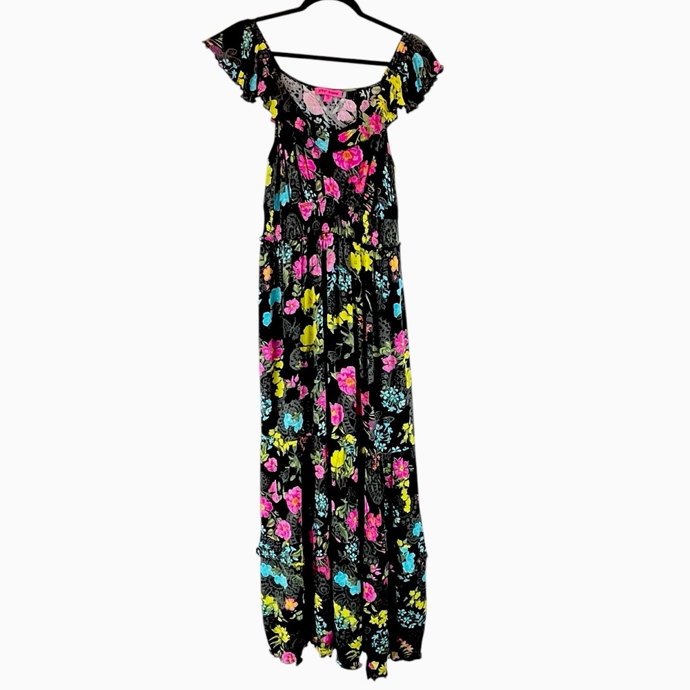 Betsey Johnson Black Floral Tiered Maxi Dress Crinkle Fabric Colorful Sz XL - Picture 2 of 12
